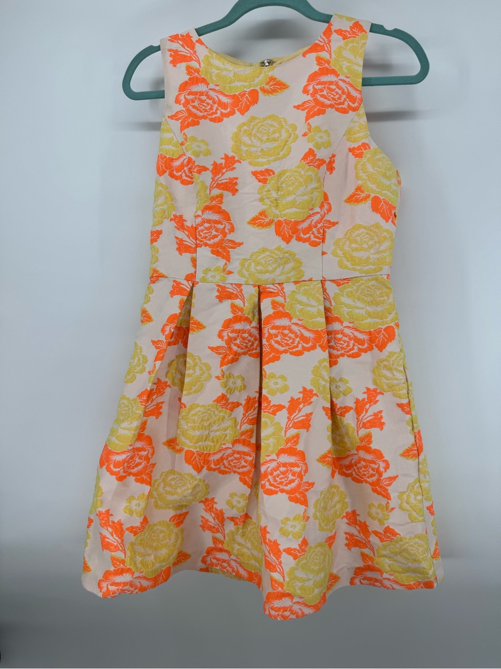 Esley Floral Jacquard Fit & Flare Mini Dress Orange Yellow Pleated Sz M